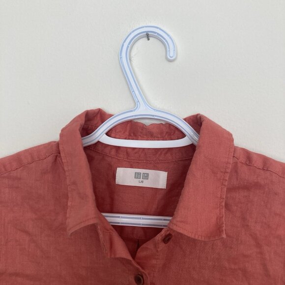 Uniqlo Women’s Linen Shirt Button Up Salmon Dark Pink Red Size L - Picture 2 of 5